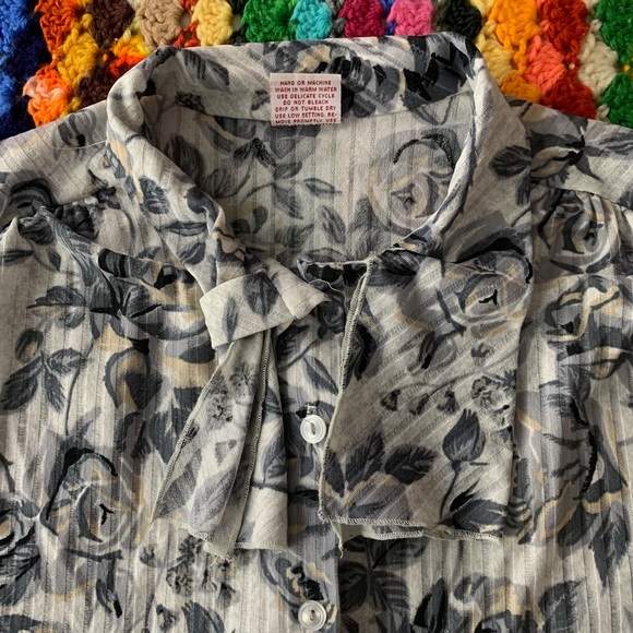 Vintage 60s 70s Graff Californiawear Rose Floral Tie Neck Pussy Bow Ribb… - Picture 10 of 16